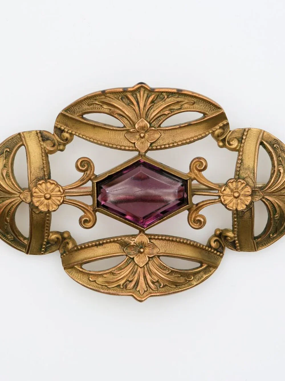 Antique Art Nouveau Brass Openwork Purple Rhinestone Sash Pin 1900s
